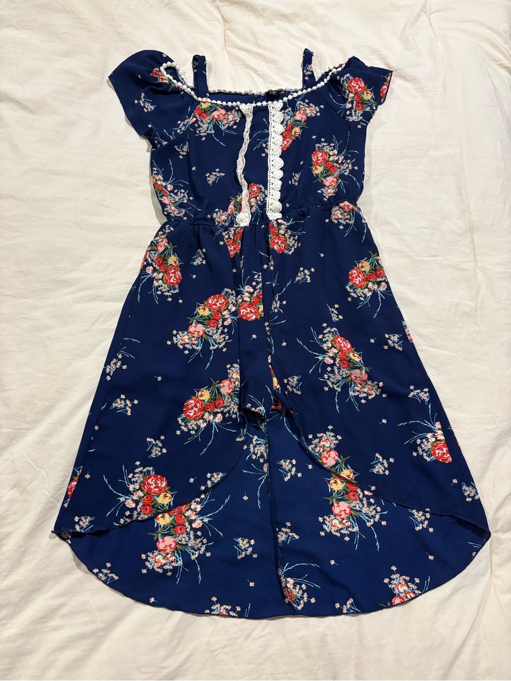 lilt Navy Floral Off-Shoulder Romper with White Lace Trim